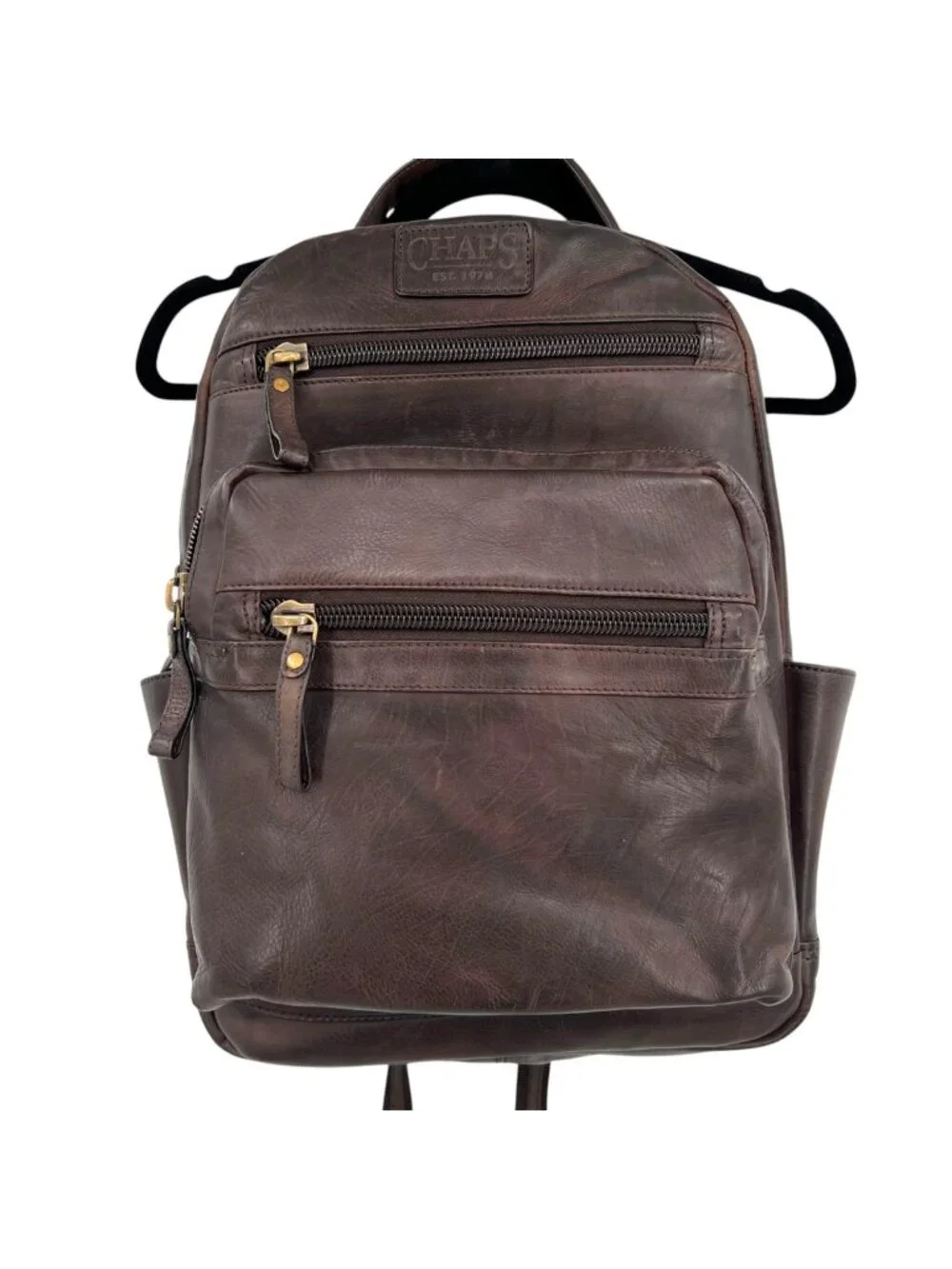 Chaps Leather Backpack Dark Brown Travel Laptop Bag Multi Pocket Rucksack